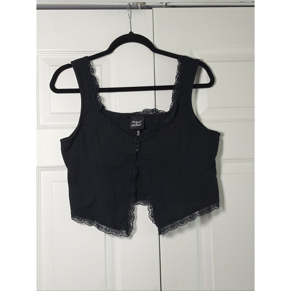 Planet Heart Lace Trim Crop Tank Top Womens Size XL Black Goth Y2K Cotton Linen